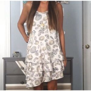 Anthro Eloise Silk Ivory Blue Seashell Beach Thalassic Ruffle Hem Slip Dress M